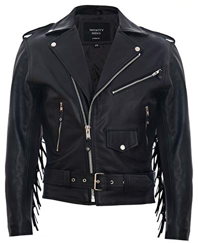 Infinity Leather Herren Fringe Kuhfell Leder Brando Schwarz Tassled Motorradjacke X