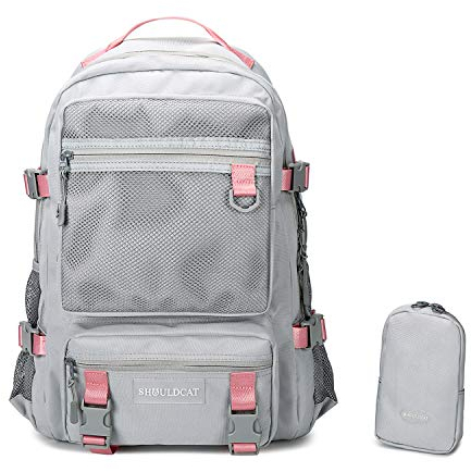 FANDARE Rucksack Schulrucksack Rucksäcke Schüler Schultasche Junge Mädchen Schulranzen mit Federmäppchen Jugendliche Casual Daypacks für Schule Uni Büro Reise Alltag Freizeit Party Campus Graues Rosa