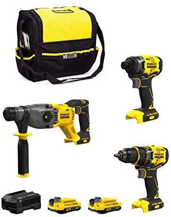 STANLEY FatMax Kit SVK20322A (Perceuse-Visseuse SFMCD720 + Perforateur SFMCH900 + Visseuse à Chocs SFMCF810 + 2 Batteries de 2,0 Ah + Chargeur + Sac M)