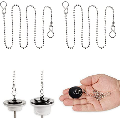 Cadena de tapón, 2 pzas, 1 x 65 cm de Longitud Total - para bañeras, Ø 3,5 mm de conexión de Perlas con Gancho S, De Acero Inoxidable 304, Libre de óxido, Cadenas de reemplazo para Tapones, Chain
