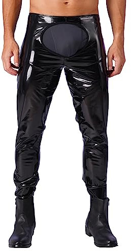 iEFiEL Herren Strumpfhosen Wetlook Glanz Lack-Optik schwarz Leggings Hosen Unterwäsche Ouvert-Pants M L XL XXL Schwarz B 3XL