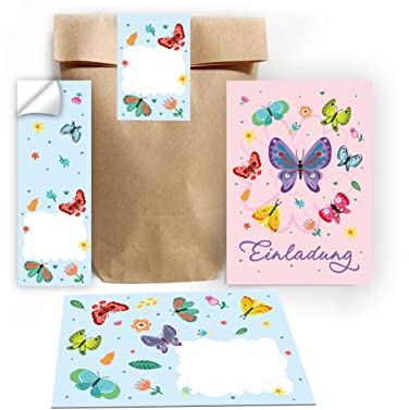 Junapack 12 Einladungskarten zum Kindergeburtstag Mädchen Schmetterlinge incl. 12 Umschläge, 12 Tüten/Natur, 12 Aufkleber