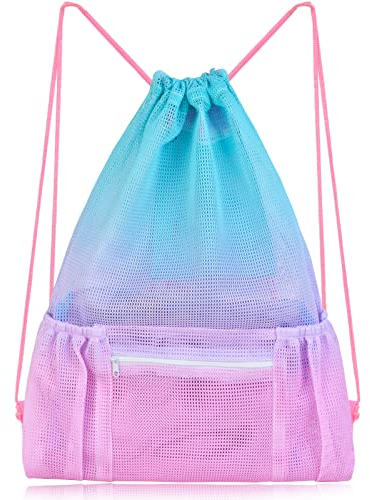 Nidoul Mesh Kordelzug Tasche mit Reißverschlusstasche, Strand Tasche für Schwimmen Gear Rucksack Gym Aufbewahrungsbeutel für Erwachsene Kinder