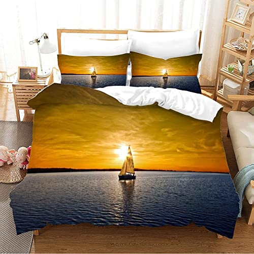 Bettwäsche 220x240 Barca a Vela Gialla 3 Teilig Wendemotiv Bettbezüge Bettwäsche-Sets Für Doppelbett, Mikrofaser Bettbezug mit Reißverschluss und 2 Kissenbezug 80x80