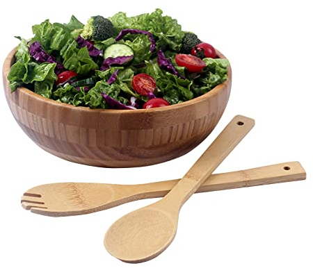 Ensaladera, cuenco de bambú para servir con cucharas de madera, juego de cubiertos, cuenco de cereales, ensaladera, tazón de frutas, cuenco de bambú, cuenco de madera, cuenco japonés para sopas,