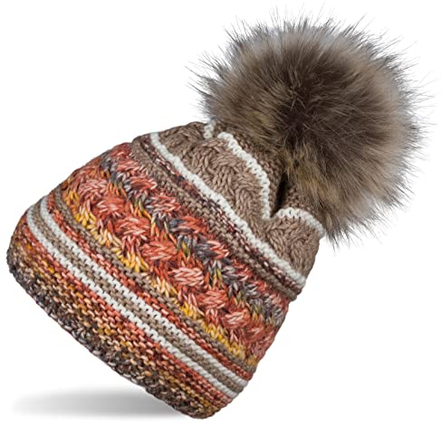 styleBREAKER Damen Strick Bommelmütze mit Buntem Mustermix und Fleece Futter, Winter Fellbommel Mütze, Strickmütze 04024202, Farbe:Braun-Beige-Rost