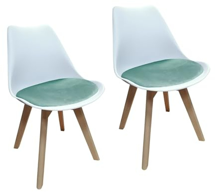 HTI living 2er Set Design-Stühle mit Sitzpolster Esszimmerstühle im skandinavischen Stil Esszimmerstuhl Kunststoffschale Samtbezug Holzfüße Weiß, Türkis