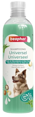 BEAPHAR – Shampooing Essentiel Universel pour Chien – Extra-Doux – Pelage brillant – Contient de l'Huile de Macadamia et de l'Aloe Vera – Sans parabène ni silicone – pH neutre – Produit Vegan – 250 ML