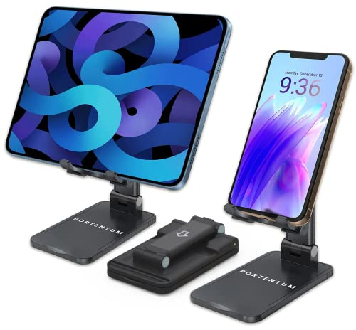 PORTENTUM Soporte Movil, Soporte Tablet Ajustable - Plegable Soporte de Escritorio Soporte para Teléfono Super Estable Compatible con iPad, iPhone, Samsung, multidispositivo hasta 12.9