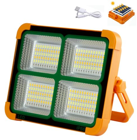 Jandei - Projecteur LED solaire 100 W, portable 5 modes de lumière/336 LEDs. Avec aimant et support. Rechargeable par USB/solaire, Powerbank pour mobiles. Parfait pour les caravanes, la construction