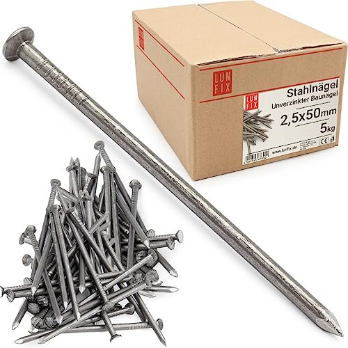 Lun Fix Stahlnägel 2,5 x 50 mm - 5kg (ca. 2650 stk.) Holznägel für Bauarbeiten Unverzinkte Baunägel Nägel 50mm lang Drahtstifte Nägel Senkkopf blank unverzinkt für Tischlerarbeiten, DIY, crafts