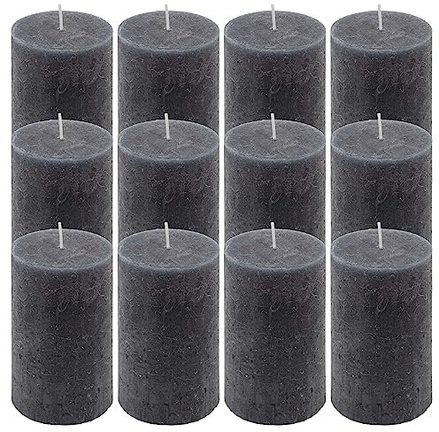 Rustik-Kerze Höhe 11,5 cm Ø 6,8 cm lange Brenndauer Rund-Kerze Säulenkerzen Kerzen-Deko Tafelkerzen Weihnachts-Kerzen Hochzeits-Deko (anthrazit, 12)