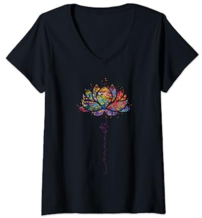 Damen Namaste Yoga Lotus Blume Meditation Zen Bohemian T-Shirt mit V-Ausschnitt