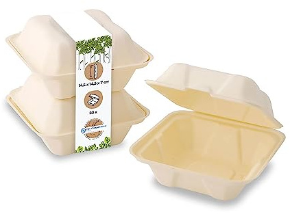 BIOZOYG Holzfaser-Burger-Boxen quadratisch I to-Go-Behälter für heiß und kalt I Lunchboxen Take-Away-Verpackung im Gastro-Bedarf I Lebensmittelbehälter Schachteln mit Deckel 50 Stück