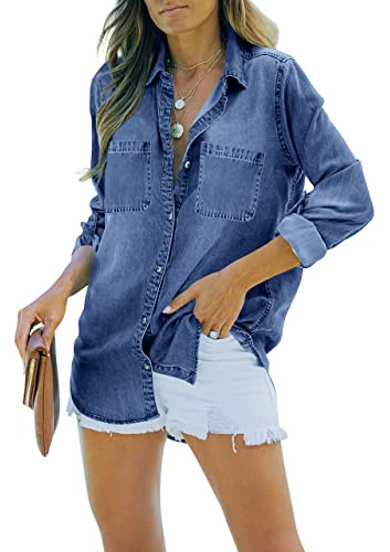 Feziakuk Camicia da donna in jeans a maniche lunghe, morbida, in denim, casual, per primavera, autunno, con tasche sul petto