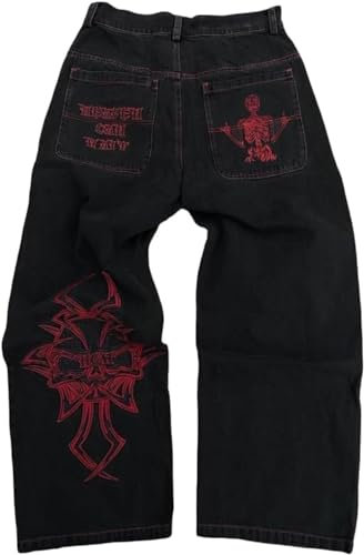 Skull en Vrac Y2k pour Hommes brodé Jean lavé Hip Hop Pantalons décontractés Streetwear Harajuku Denim Pantalon Loose Wide Jogger Jogger Bottoms (Couleur 3,S)
