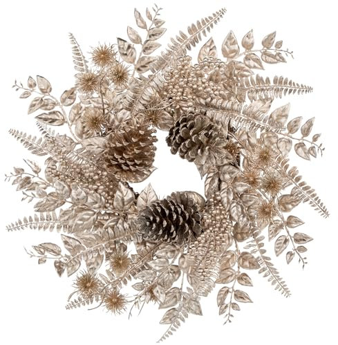 40cm Couronne de Noël Couronne de porte, Couronnes décoratives champagne-or pour porte d'entrée, Couronnes artificielles avec pommes de pin, fougères, baies, Couronnes de table d'hiver pour décoration