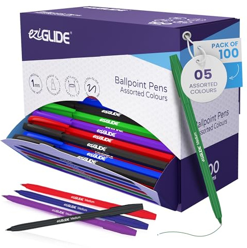 Eziglide Ballpoint Assorted Colour Pens, Medium Point Nib (1.0mm), 100-Pack | Ultra-Smooth Writing & Consistent Ink Flow – Assorted Pens Ideal for School, Exams, Home, Office & Work Stationery Supplies