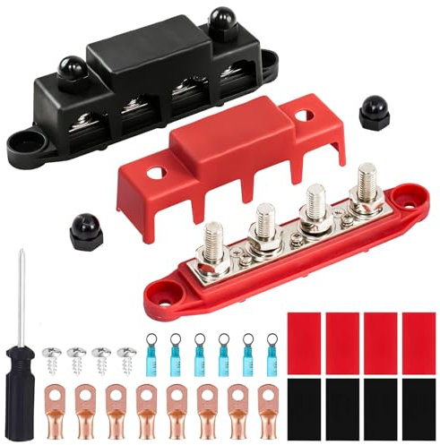 12V - 48V Bus Bar Power Distribution Block with 4 x M8 (5/16) Studs Junction Block Automotive Marine Battery Busbar Terminal Block with Cover - 250A Negative&Positive