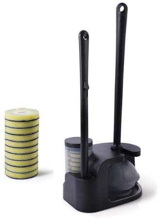 Eyliden Disposable Toilet Brush and Plunger Combo, Wand Set with 10pcs Refill Heads and Storage Caddy, Compact Toilet Cleaning System (Black)