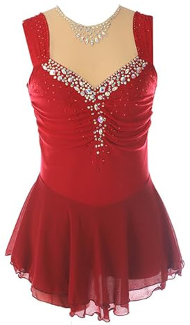 CHAGMEA Damen Professionelle Eiskunstlauf Wettbewerb Kleider Weiß Ärmellos Strass Dame Gymnastik Activewear Wettbewerb Training Athletic Weiblich,Rot,3XL