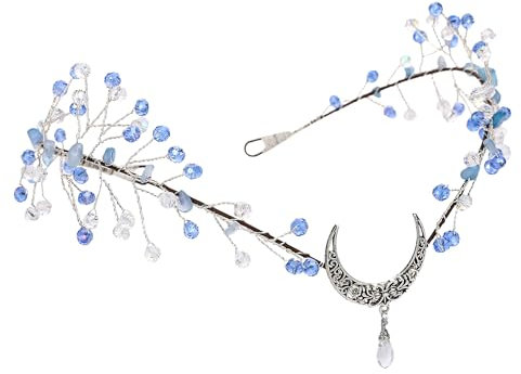 MOSTORY Blaue Elfenkrone – Elfenhaarband, Feenkreis, Mondkrone, weißer Elfen-Kopfschmuck für Damen, Renaissance, Maskerade, Cosplay, Halloween, Renfee, Fotoshooting