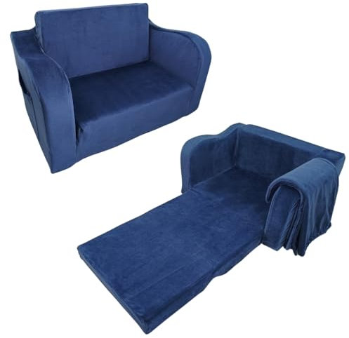 Wonder Space Vor-montiertes Kinder Schaumsofa mit Decke, Kleinkind 2-in-1 Konvertierbares Sofa, Innen Zusammenklappbarer Lounger Stuhl & Klappbares Bodenbett für Jungen & Mädchen (Marine)