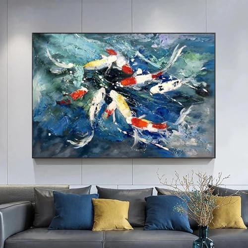 BMGKYAGL Wandkunst, Koi-Fisch-Gemälde, grau, roter Fisch, grünes Lotusblatt, Wandkunst, Heimdekoration für Wohnzimmer, 40 x 60 cm, rahmenlos