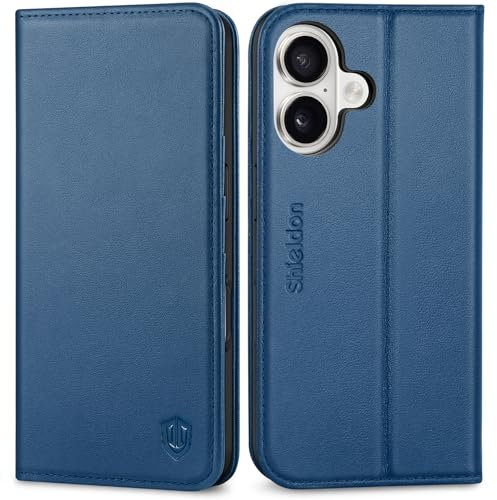 SHIELDON Wallet Case for iPhone 16, Genuine Leather Flip Case with Card Holder [Kickstand][RFID Blocking] Magnetic Closure Shockproof Folio Case Cover Compatible with iPhone 16 5G 2024 - Royal Blue