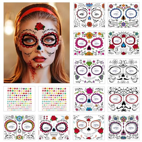 Lot de 14 tatouages temporaires pour Halloween, motif tête de mort, squelette, tatouage, Dia de Los Muertos, maquillage du visage, autocollants de maquillage Halloween