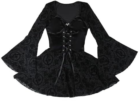 Punk Dress Women Velvet Square V Neck Flare Long Sleeve Floral Bodycon Mini Dresses Halloween Party Costume Black L