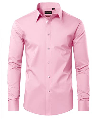 DEMEANOR Chemises habillées pour homme à manches longues en coton sans repassage pour homme, rose, XL