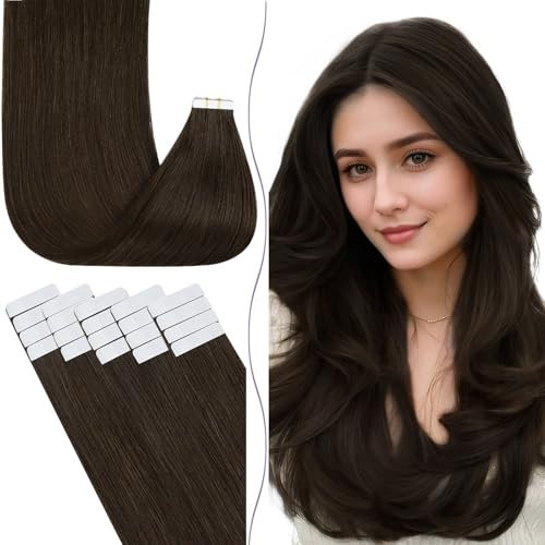 Fshine Echthaar Extensions Tape in Haarverlängerungen Braun 65cm 20 Stücke 50g Invisible Tape in Extensions Echthaar Dunkelbraun Farbe 2