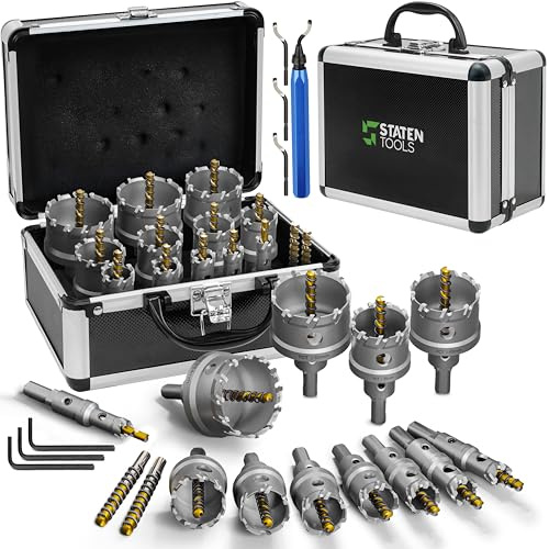 Carbide Hole Saw Kit 22-Pc 9/16-2-1/8 for Metal & Stainless Steel | Includes 22 drill bits, deburring tool, 4 blades, 3 wrenches