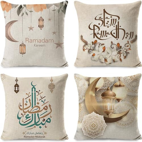 Sunshine smile 4 Stück Ramadan Kissenbezug,50x50cm Ramadan Dekokissenbezüge,Ramadan Wurfkissenbezüge Set,Ramadan Deko Kissenhülle,Kissen Ramadan,Leinen Dekokissen für Eid Mubarak Sofa Wohnzimmer