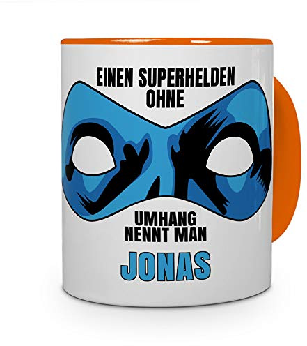 printplanet Tasse mit Namen Jonas - Motiv Superhelden ohne Umhang - Namenstasse, Kaffeebecher, Mug, Becher, Kaffeetasse - Farbe Orange