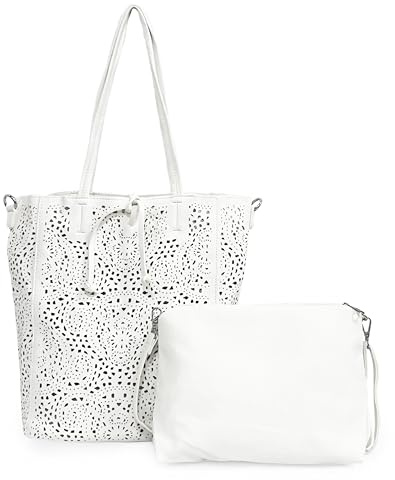 ANGELO Borsa a Spalla da Donna, Borsa Shopper Traforata Grande Capienza, Inclusa Pochette a Tracolla Regolabile, Shopping Bag Hobo in Pelle PU per Lavoro, Ufficio, Viaggio, Università (Bianco)