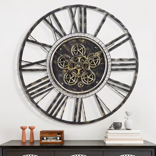Maxstar Grande horloge murale à engrenages mobiles pour décoration de salon, vintage industriel, steampunk - Horloge murale décorative en métal pour la maison, le bureau, la salle à manger, la ferme