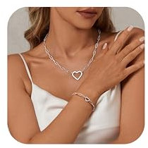 Adramata Damen Herz Kette Armband Set Stapeln 18K Vergoldet Wasserfest Edelstahl Silber/Gold Kette Schmuck Paperclip Armband Halskette Damen