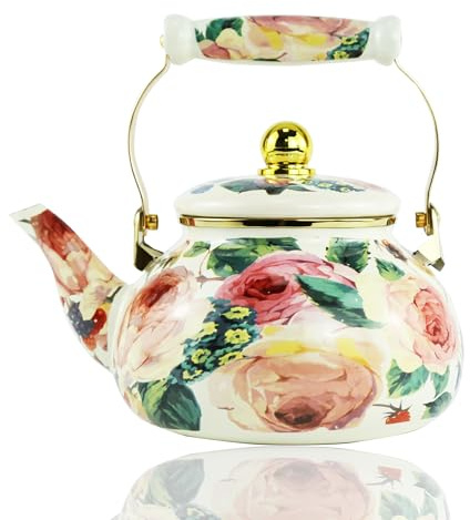 Leebright Floral Enamel Tea Kettle Vintage Gold Beige Teapot Beige Floral Boho Hot Water Coffee Kettle Pot 2.5L Porcelain Tea Pot with Ceramic Handle for Stovetop Kitchen Home Decor
