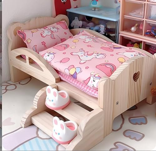 Gwezmxs Puppenbett Holz mit Steppdecke & Leiter, Puppenhaus Möbel Zubehör, Wooden Doll House Bed, 30 x 26 cm