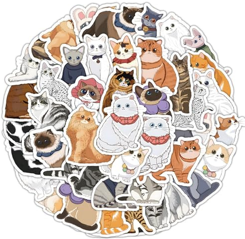 Kabwea 60 Pieces Sweet Cartoon Cat Stickers, Black and White, Vinyl, Cartoon Style, Sticker