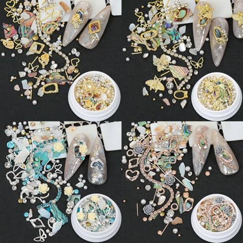 3D Nail Charms, 3D Nail Art Rhinestones Mixed 4 Sets Dolphin Bay Nail Art Decorations - Mixed Shells, Pearls, and Metal Chains for Stunning Nail Designs