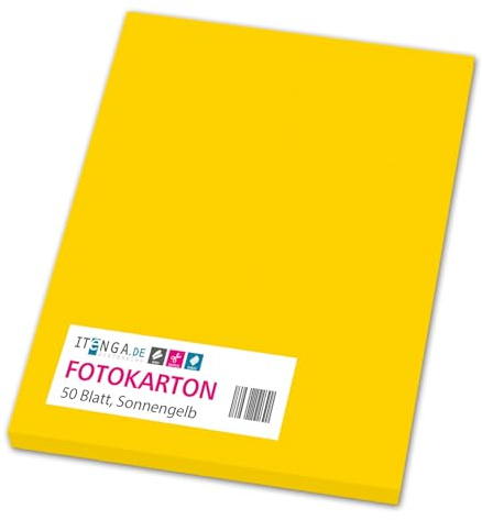 itenga farbiger Fotokarton 50 Blatt A4 300 g/qm² - Tonpapier Tonkarton Bastelpapier Bastelkarton Bogen durchgefärbt zum kreativen Gestalten und Basteln (SONNENGELB)