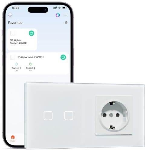 BSEEDLIFE Normal Steckdose mit Zigbee Lichtschalter, 2 Fach Intelligente Smart Touch Schalter Kompatibel mit Alexa und Google Home, Wandschalter für Smart Home Lichtschalter Weiß（86 * 157mm）