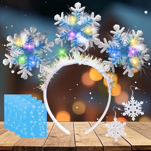 LED Haarreif Weihnachten, Schneeflocken Haarreif, Haarreifen Weihnachten mit Schneeflocken Ohrringe und Tattoo, Leuchtende Stirnband, Weihnachtshaarreifen Erwachsene, Weihnachts Accessoires Damen