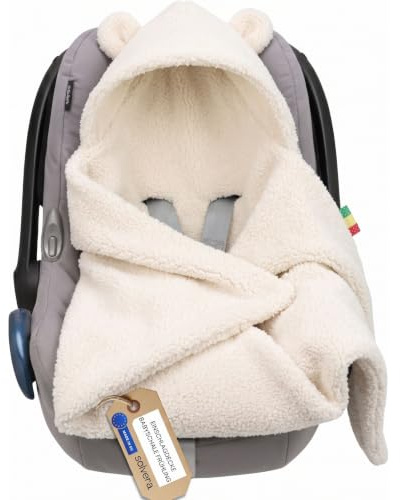 Solvera_Ltd Einschlagdecke Babyschale Herbst Winter Boucle Autositz Ecri | Dreischicht Lammfell-Optik, Universal-Gurtschlitze, Klettverschluss, Autositz Kinderwagen Buggy, 0-4 Monate, OEKO-TEX Polen