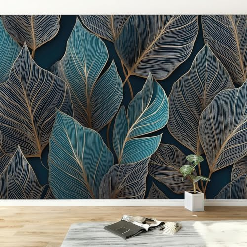 Französisch Fototapete Pflanzen Petrol Blätter Streifen Wandtapete, Vlies Tapete Wandtapete B250 x H175 cm Wohnzimmer Schlafzimmer - moderne Wandbilder XXL Wand Dekoration 3d Effekt