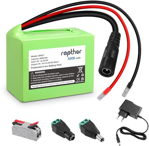 Rapthor 6.000 mAh 12 V DC Ladebatterie für Li-Ionen-Akku mit 6 Ah Ladegerät und DC5521 Stecker für Router, CCTV-Kameras, LED-Streifen, RC Fahrzeuge, Heimwerker und mehr