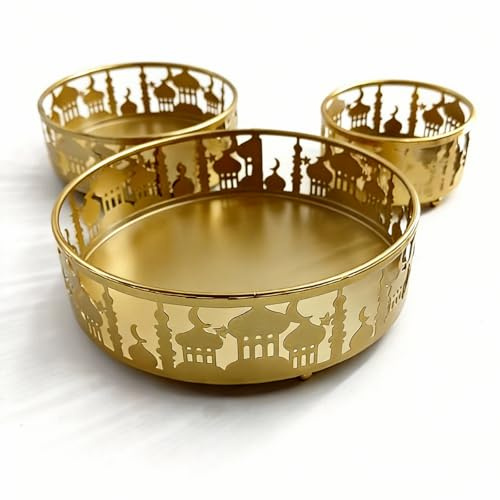Mounteps 3Pcs Eid Mubarak Metal Serving Trays, Islamic Style Castle Cutout Ramadan Dessert Plates, Snack Food Storage Tray for Muslim Festival Table Decor